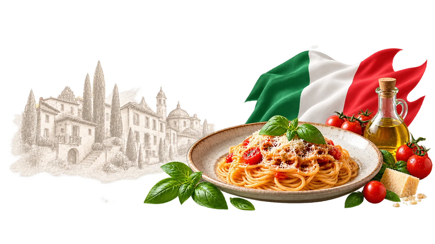 Italienische Pasta mit Basilikum, Tomaten, Olivenöl und italienischer Flagge